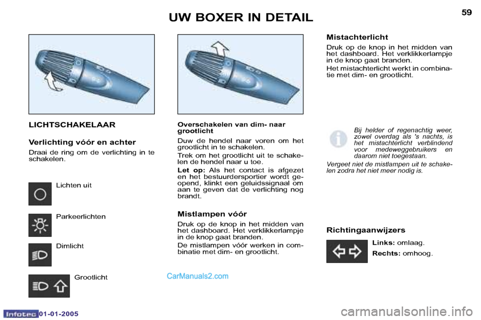 Peugeot Boxer 2005  Handleiding (in Dutch) �5�8
�0�1�-�0�1�-�2�0�0�5
�5�9
�0�1�-�0�1�-�2�0�0�5
�L�I�C�H�T�S�C�H�A�K�E�L�A�A�R
�V�e�r�l�i�c�h�t�i�n�g� �v�ó�ó�r� �e�n� �a�c�h�t�e�r
�D�r�a�a�i�  �d�e�  �r�i�n�g�  �o�m�  �d�e�  �v�e�r�l�i�c�h�t�