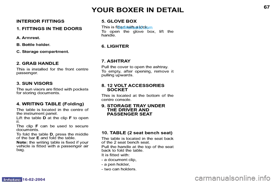 Peugeot Boxer 2004  Owners Manual �1�6�-�0�2�-�2�0�0�4�1�6�-�0�2�-�2�0�0�4
�6�6�6�7
�5�.� �G�L�O�V�E� �B�O�X
�T�h�i�s� �i�s� �i�t�t�e�d� �w�i�t�h� �a� �l�o�c�k�. 
�T�o�  �o�p�e�n�  �t�h�e�  �g�l�o�v�e�  �b�o�x�,�  �l�i�f�t�  �t�h�e�  