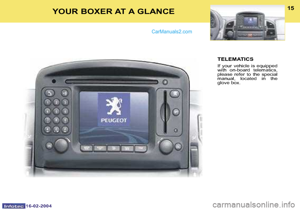 Peugeot Boxer 2004  Owners Manual �1�6�-�0�2�-�2�0�0�4�1�6�-�0�2�-�2�0�0�4
�1�4�1�5�Y�O�U�R� �B�O�X�E�R� �A�T� �A� �G�L�A�N�C�E�T�E�L�E�M�A�T�I�C�S
�I�f�  �y�o�u�r�  �v�e�h�i�c�l�e�  �i�s�  �e�q�u�i�p�p�e�d�  
�w�i�t�h�  �o�n�-�b�o�a�