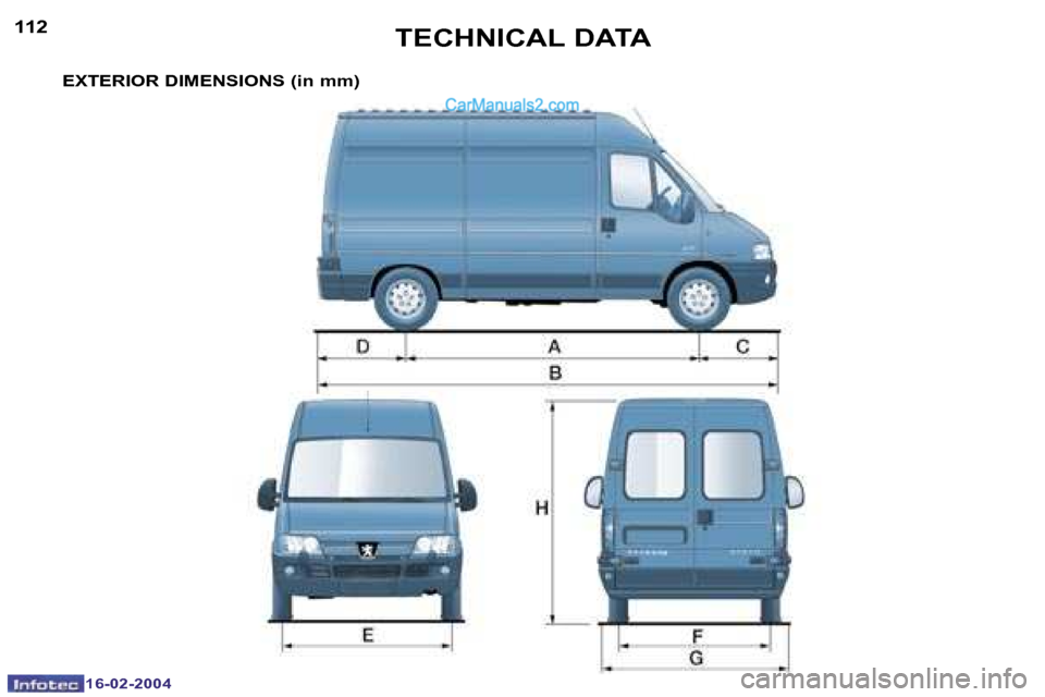 Peugeot Boxer 2004  Owners Manual �1�6�-�0�2�-�2�0�0�4�1�6�-�0�2�-�2�0�0�4
�1�1�2�1�1�3
�E�X�T�E�R�I�O�R� �D�I�M�E�N�S�I�O�N�S� �(�i�n� �m�m�)�T�E�C�H�N�I�C�A�L� �D�A�T�A   