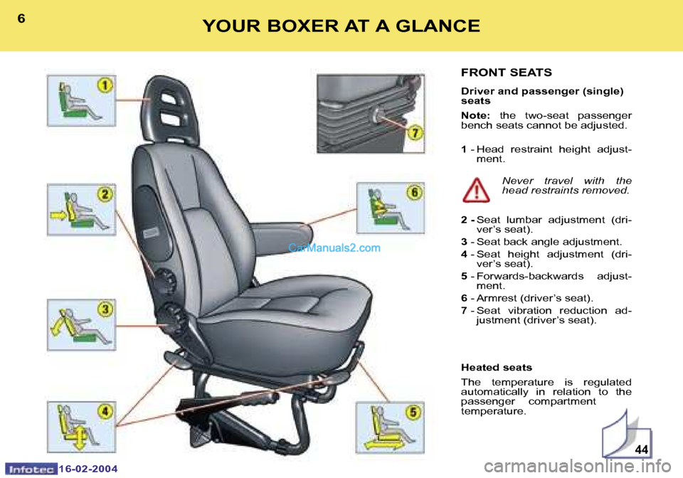 Peugeot Boxer 2004  Owners Manual �1�6�-�0�2�-�2�0�0�4�1�6�-�0�2�-�2�0�0�4
�4�4
�6�7�Y�O�U�R� �B�O�X�E�R� �A�T� �A� �G�L�A�N�C�E�F�R�O�N�T� �S�E�A�T�S
�D�r�i�v�e�r� �a�n�d� �p�a�s�s�e�n�g�e�r� �(�s�i�n�g�l�e�)�  
�s�e�a�t�s 
�N�o�t�e�