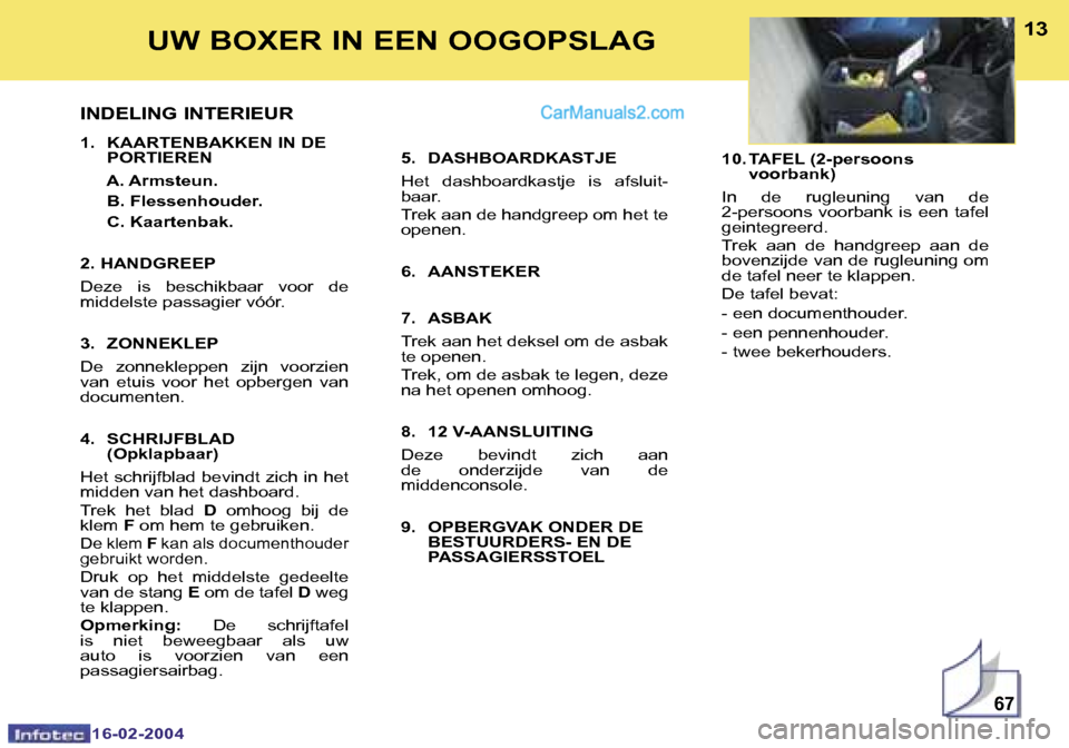Peugeot Boxer 2004  Handleiding (in Dutch) �6�7
�1�2
�1�6�-�0�2�-�2�0�0�4
�1�3
�1�6�-�0�2�-�2�0�0�4
�U�W� �B�O�X�E�R� �I�N� �E�E�N� �O�O�G�O�P�S�L�A�G
�I�N�D�E�L�I�N�G� �I�N�T�E�R�I�E�U�R
�1�.�  �K�A�A�R�T�E�N�B�A�K�K�E�N� �I�N� �D�E�  �P�O�R�