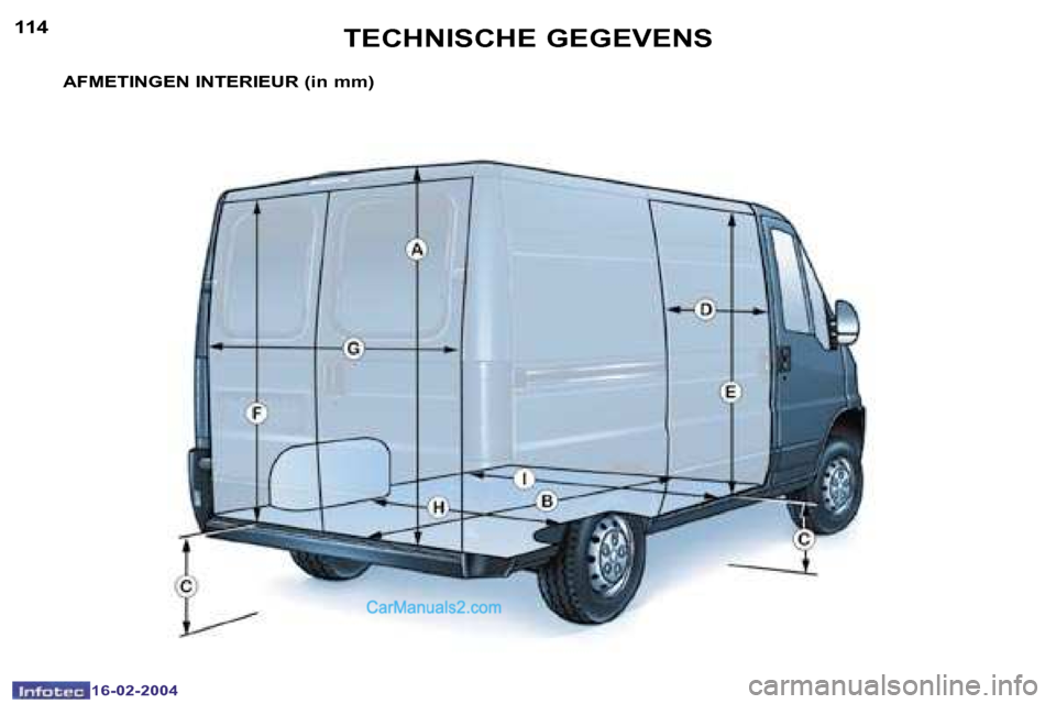 Peugeot Boxer 2004  Handleiding (in Dutch) �1�1�4
�1�6�-�0�2�-�2�0�0�4
�1�1�5
�1�6�-�0�2�-�2�0�0�4
�A�F�M�E�T�I�N�G�E�N� �I�N�T�E�R�I�E�U�R� �(�i�n� �m�m�)�T�E�C�H�N�I�S�C�H�E� �G�E�G�E�V�E�N�S   
