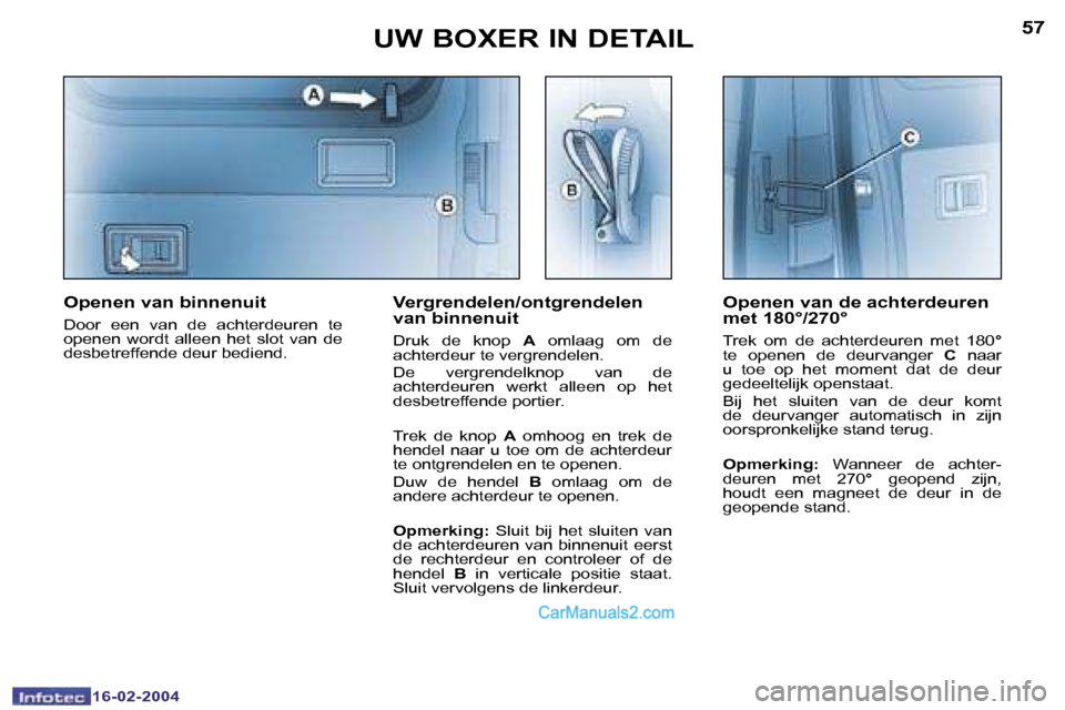 Peugeot Boxer 2004  Handleiding (in Dutch) �5�6
�1�6�-�0�2�-�2�0�0�4
�5�7
�1�6�-�0�2�-�2�0�0�4
�U�W� �B�O�X�E�R� �I�N� �D�E�T�A�I�L
�O�p�e�n�e�n� �v�a�n� �d�e� �a�c�h�t�e�r�d�e�u�r�e�n�  
�m�e�t� �1�8�0�°�/�2�7�0�°
�T�r�e�k�  �o�m�  �d�e�  �