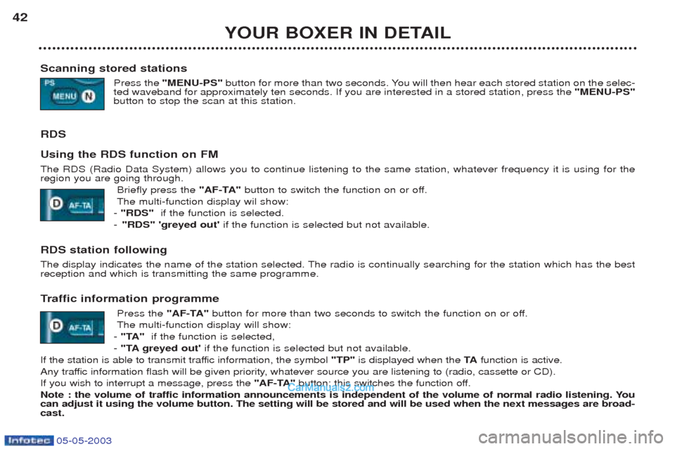 Peugeot Boxer 2003 Owners Manual 05-05-2003
YOUR BOXER IN DETAIL
42
Scanning stored stations Press the "MENU-PS" button for more than two seconds. You will then hear each stored station on the selec-
ted waveband for approximately te Peugeot Boxer 2003 Owners Manual 05-05-2003
YOUR BOXER IN DETAIL
42
Scanning stored stations Press the "MENU-PS" button for more than two seconds. You will then hear each stored station on the selec-
ted waveband for approximately te