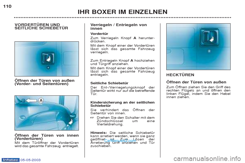 Peugeot Boxer 2003 Betriebsanleitung (in German) 05-05-2003
HECKT†REN …ffnen der TŸren von au§en
Zum …ffnen ziehen Sie den Griff des
rechten FlŸgels an und šffnen denlinken FlŸgel, indem Sie den Hebelinnen ziehen.
IHR BOXER IM EINZELNEN Peugeot Boxer 2003 Betriebsanleitung (in German) 05-05-2003
HECKT†REN …ffnen der TŸren von au§en
Zum …ffnen ziehen Sie den Griff des
rechten FlŸgels an und šffnen denlinken FlŸgel, indem Sie den Hebelinnen ziehen.
IHR BOXER IM EINZELNEN