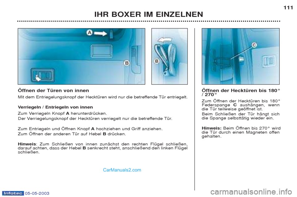 Peugeot Boxer 2003  Betriebsanleitung (in German) 05-05-2003
IHR BOXER IM EINZELNEN111
…ffnen der TŸren von innen 
Mit dem Entriegelungsknopf der HecktŸren wird nur die betreffende TŸr entriegelt. V
erriegeln / Entriegeln von innen
Zum Verriegel