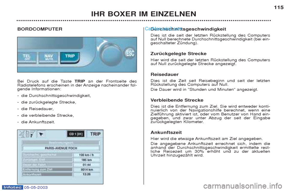 Peugeot Boxer 2003 Betriebsanleitung (in German) IHR BOXER IM EINZELNEN115
BORDCOMPUTER
Bei Druck auf die Taste
TRIPan der Frontseite des
Radiotelefons erscheinen in der Anzeige nacheinander fol- gende Informationen: - die Durchschnittsgeschwindig Peugeot Boxer 2003 Betriebsanleitung (in German) IHR BOXER IM EINZELNEN115
BORDCOMPUTER
Bei Druck auf die Taste
TRIPan der Frontseite des
Radiotelefons erscheinen in der Anzeige nacheinander fol- gende Informationen: - die Durchschnittsgeschwindig