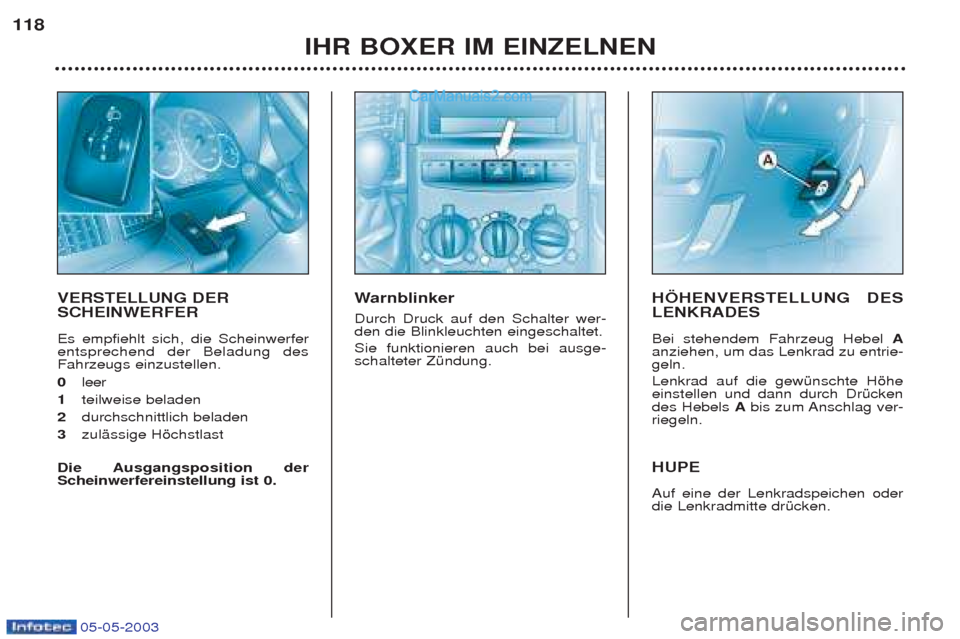 Peugeot Boxer 2003  Betriebsanleitung (in German) 05-05-2003
IHR BOXER IM EINZELNEN
118
VERSTELLUNG DER SCHEINWERFER  Es empfiehlt sich, die Scheinwerfer entsprechend der Beladung desFahrzeugs einzustellen.  0 
leer
1 teilweise beladen
2 durchschnitt