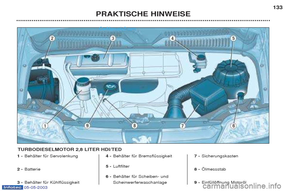 Peugeot Boxer 2003  Betriebsanleitung (in German) 05-05-2003
PRAKTISCHE HINWEISE133
1 -
BehŠlter fŸr Servolenkung
2 -  Batterie
3 - BehŠlter fŸr KŸhlflŸssigkeit  4 -
BehŠlter fŸr BremsflŸssigkeit 
5 - Luftfilter
6 - BehŠlter fŸr Scheiben- 