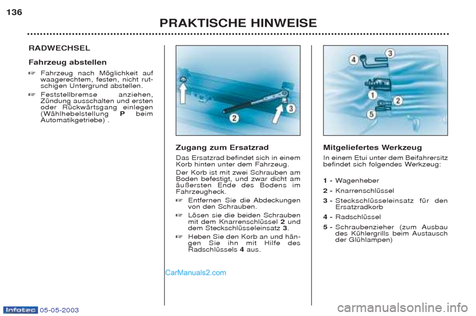 Peugeot Boxer 2003  Betriebsanleitung (in German) 05-05-2003
PRAKTISCHE HINWEISE
136
RADWECHSEL Fahrzeug abstellen  ☞
Fahrzeug nach Mšglichkeit auf waagerechtem, festen, nicht rut-schigen Untergrund abstellen. 
☞ Feststellbremse anziehen,ZŸndun