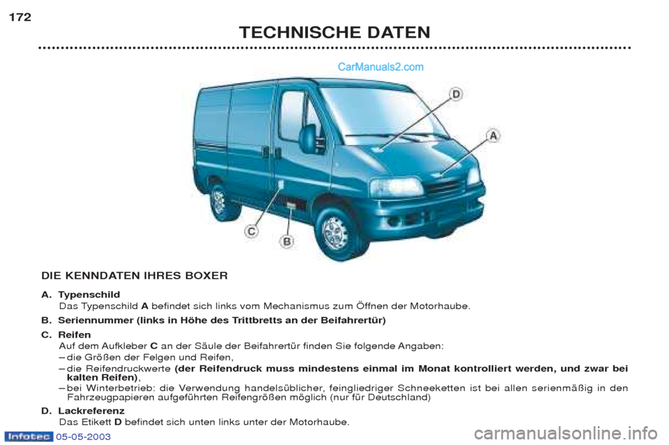 Peugeot Boxer 2003  Betriebsanleitung (in German) 05-05-2003
TECHNISCHE DATEN
172
DIE KENNDATEN IHRES BOXER 
A. TypenschildDas Typenschild  Abefindet sich links vom Mechanismus zum …ffnen der Motorhaube. 
B. Seriennummer (links in Hšhe des Trittbr