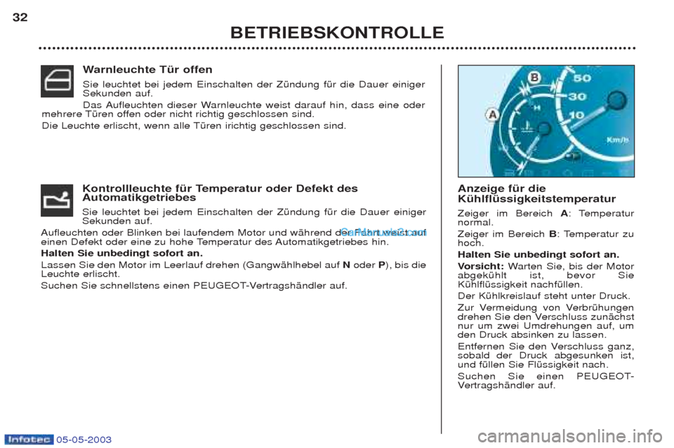 Peugeot Boxer 2003 Betriebsanleitung (in German) 05-05-2003
BETRIEBSKONTROLLE
32
Kontrollleuchte fŸr Temperatur oder Defekt des Automatikgetriebes Sie leuchtet bei jedem Einschalten der ZŸndung fŸr die Dauer einiger Sekunden auf.
Aufleuchten od Peugeot Boxer 2003 Betriebsanleitung (in German) 05-05-2003
BETRIEBSKONTROLLE
32
Kontrollleuchte fŸr Temperatur oder Defekt des Automatikgetriebes Sie leuchtet bei jedem Einschalten der ZŸndung fŸr die Dauer einiger Sekunden auf.
Aufleuchten od