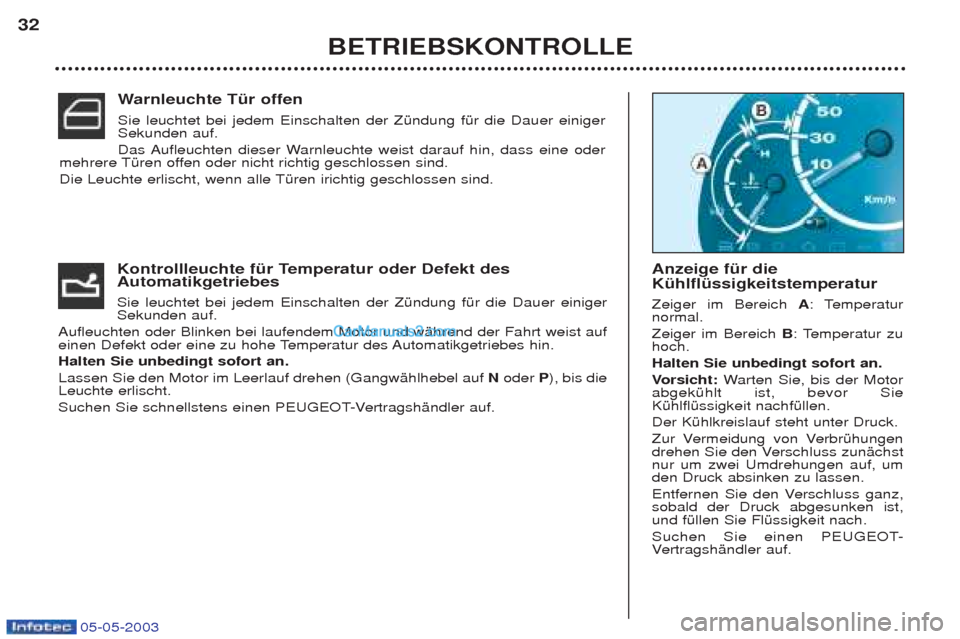 Peugeot Boxer 2003 Betriebsanleitung (in German) 05-05-2003
BETRIEBSKONTROLLE
32
Kontrollleuchte fŸr Temperatur oder Defekt des Automatikgetriebes Sie leuchtet bei jedem Einschalten der ZŸndung fŸr die Dauer einiger Sekunden auf.
Aufleuchten od Peugeot Boxer 2003 Betriebsanleitung (in German) 05-05-2003
BETRIEBSKONTROLLE
32
Kontrollleuchte fŸr Temperatur oder Defekt des Automatikgetriebes Sie leuchtet bei jedem Einschalten der ZŸndung fŸr die Dauer einiger Sekunden auf.
Aufleuchten od