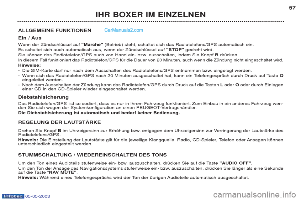 Peugeot Boxer 2003 Betriebsanleitung (in German) 05-05-2003
IHR BOXER IM EINZELNEN57
ALLGEMEINE FUNKTIONEN
Ein / Aus W enn der ZŸndschlŸssel auf "Marche"(Betrieb) steht, schaltet sich das Radiotelefons/GPS automatisch ein.
Es schaltet sich auch Peugeot Boxer 2003 Betriebsanleitung (in German) 05-05-2003
IHR BOXER IM EINZELNEN57
ALLGEMEINE FUNKTIONEN
Ein / Aus W enn der ZŸndschlŸssel auf "Marche"(Betrieb) steht, schaltet sich das Radiotelefons/GPS automatisch ein.
Es schaltet sich auch