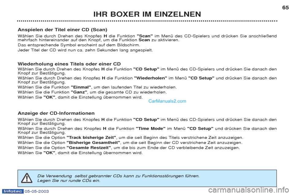 Peugeot Boxer 2003 Betriebsanleitung (in German) 05-05-2003
IHR BOXER IM EINZELNEN65
Anspielen der Titel einer CD (Scan) WŠhlen Sie durch Drehen des Knopfes Hdie Funktion "Scan" im MenŸ des CD-Spielers und drŸcken Sie anschlie§end
mehrfach hi Peugeot Boxer 2003 Betriebsanleitung (in German) 05-05-2003
IHR BOXER IM EINZELNEN65
Anspielen der Titel einer CD (Scan) WŠhlen Sie durch Drehen des Knopfes Hdie Funktion "Scan" im MenŸ des CD-Spielers und drŸcken Sie anschlie§end
mehrfach hi