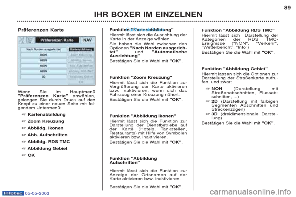 Peugeot Boxer 2003 Betriebsanleitung (in German) 05-05-2003
IHR BOXER IM EINZELNEN89
W
enn Sie im HauptmenŸ
"PrŠferenzen Karte" anwŠhlen,
gelangen Sie durch Druck auf den Knopf zu einer neuen Seite mit fol-gendem UntermenŸ:
☞ Kartenabbildung Peugeot Boxer 2003 Betriebsanleitung (in German) 05-05-2003
IHR BOXER IM EINZELNEN89
W
enn Sie im HauptmenŸ
"PrŠferenzen Karte" anwŠhlen,
gelangen Sie durch Druck auf den Knopf zu einer neuen Seite mit fol-gendem UntermenŸ:
☞ Kartenabbildung