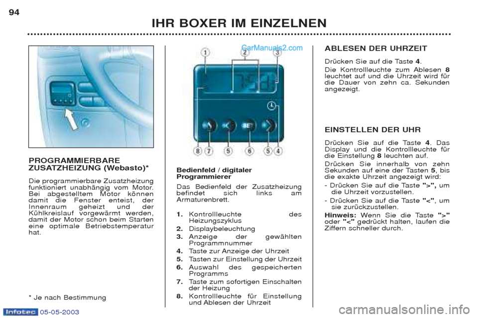 Peugeot Boxer 2003 Betriebsanleitung (in German) 05-05-2003
IHR BOXER IM EINZELNEN
94
PROGRAMMIERBARE
ZUSATZHEIZUNG (Webasto)* Die programmierbare Zusatzheizung
funktioniert unabhŠngig vom Motor.Bei abgestelltem Motor kšnnendamit die Fenster ent Peugeot Boxer 2003 Betriebsanleitung (in German) 05-05-2003
IHR BOXER IM EINZELNEN
94
PROGRAMMIERBARE
ZUSATZHEIZUNG (Webasto)* Die programmierbare Zusatzheizung
funktioniert unabhŠngig vom Motor.Bei abgestelltem Motor kšnnendamit die Fenster ent
