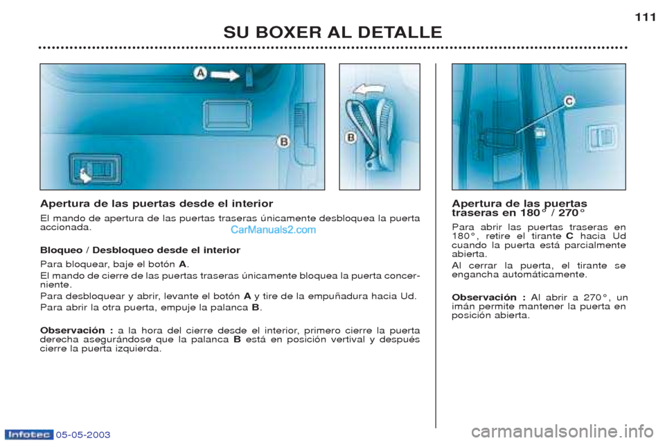 Peugeot Boxer 2003  Manual del propietario (in Spanish) 05-05-2003
SU BOXER AL DETALLE111
Apertura de las puertas desde el interior El mando de apertura de las puertas traseras œnicamente desbloquea la puerta accionada. Bloqueo / Desbloqueo desde el inter