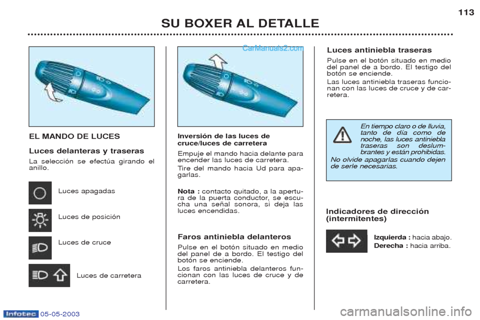 Peugeot Boxer 2003  Manual del propietario (in Spanish) 05-05-2003
SU BOXER AL DETALLE113
EL MANDO DE LUCES  Luces delanteras y traseras La selecci—n se efectœa girando el anillo.
Luces apagadas Luces de posici—nLuces de cruce
Luces de carretera Inver