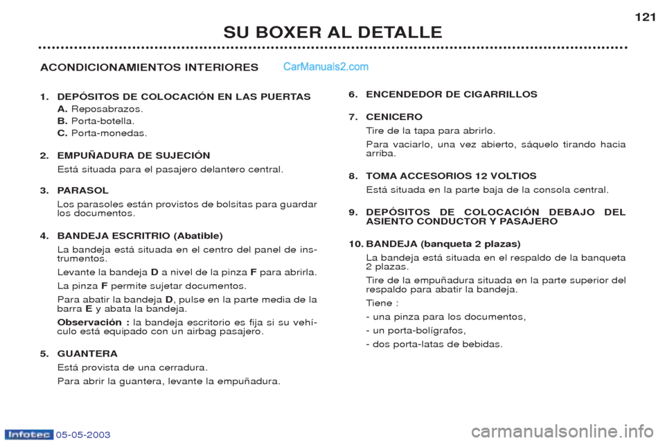 Peugeot Boxer 2003  Manual del propietario (in Spanish) 05-05-2003
SU BOXER AL DETALLE121
ACONDICIONAMIENTOS INTERIORES 
1. DEPîSITOS DE COLOCACIîN EN LAS PUERTAS A. Reposabrazos.
B.  Porta-botella.
C.  Porta-monedas.
2. EMPU„ADURA DE SUJECIîN Est‡ 