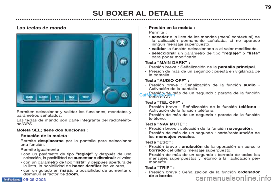 Peugeot Boxer 2003  Manual del propietario (in Spanish) 05-05-2003
SU BOXER AL DETALLE79
Las teclas de mando Permiten seleccionar y validar las funciones, mandatos y par‡metros se–alados.  Las teclas de mando son parte integrante del radiotelŽfo- no/G