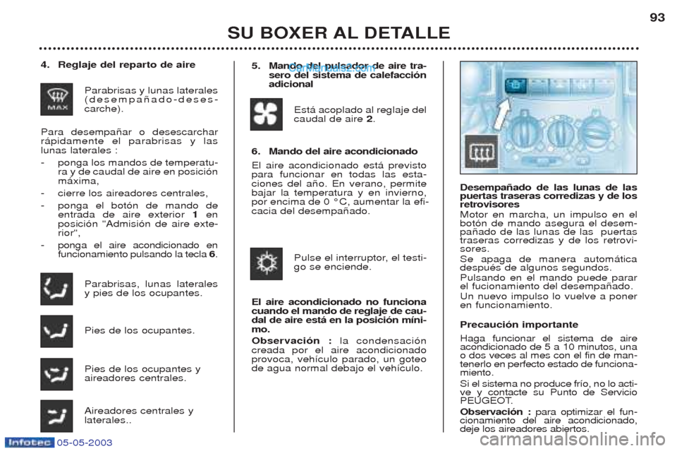 Peugeot Boxer 2003  Manual del propietario (in Spanish) 05-05-2003
SU BOXER AL DETALLE93
4. Reglaje del reparto de aire
Parabrisas y lunas laterales (desempa–ado-deses-carche).
Para desempa–ar o desescarcharr‡pidamente el parabrisas y laslunas latera