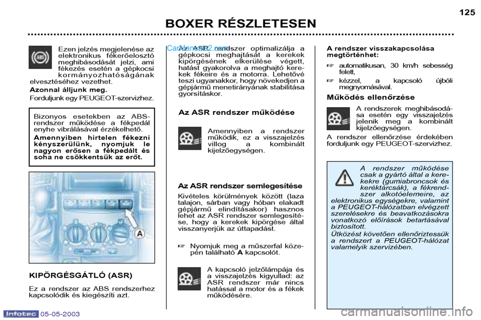 Peugeot Boxer 2003 Kezelési útmutató (in Hungarian) 05-05-2003
Az ASR rendszer optimalizálja a
gépkocsi meghajtását a kerekek
kipörgésének elkerülése végett,
hatást gyakorolva a meghajtó kere-
kek fékeire és a motorra. Peugeot Boxer 2003 Kezelési útmutató (in Hungarian) 05-05-2003
Az ASR rendszer optimalizálja a
gépkocsi meghajtását a kerekek
kipörgésének elkerülése végett,
hatást gyakorolva a meghajtó kere-
kek fékeire és a motorra.