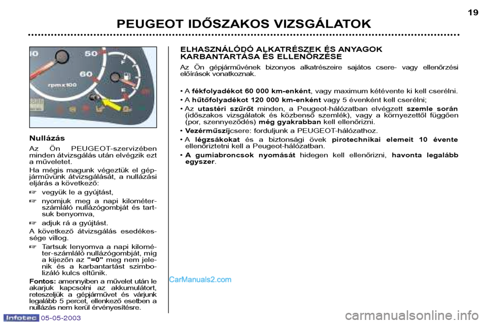 Peugeot Boxer 2003 Kezelési útmutató (in Hungarian) 05-05-2003
Nullázás
Az Ön PEUGEOT-szervizében minden átvizsgálás után elvégzik ezt
a műveletet.
Ha mégis magunk végeztük el gép-
járművünk átvizsgálását, a nullázá Peugeot Boxer 2003 Kezelési útmutató (in Hungarian) 05-05-2003
Nullázás
Az Ön PEUGEOT-szervizében minden átvizsgálás után elvégzik ezt
a műveletet.
Ha mégis magunk végeztük el gép-
járművünk átvizsgálását, a nullázá