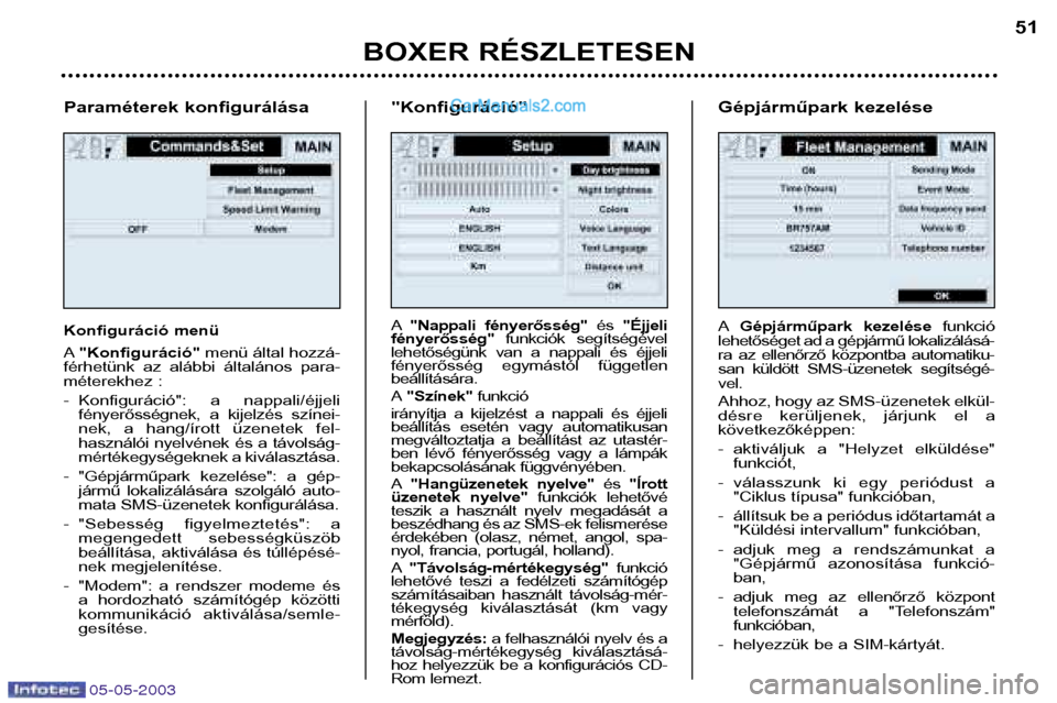 Peugeot Boxer 2003 Kezelési útmutató (in Hungarian) 05-05-2003
Paraméterek konfigurálása
Konfiguráció menü A"Konfiguráció" menü által hozzá-
férhetünk az alábbi általános para-
méterekhez :
- Konfiguráció": a nappali/éjjeli Peugeot Boxer 2003 Kezelési útmutató (in Hungarian) 05-05-2003
Paraméterek konfigurálása
Konfiguráció menü A"Konfiguráció" menü által hozzá-
férhetünk az alábbi általános para-
méterekhez :
- Konfiguráció": a nappali/éjjeli