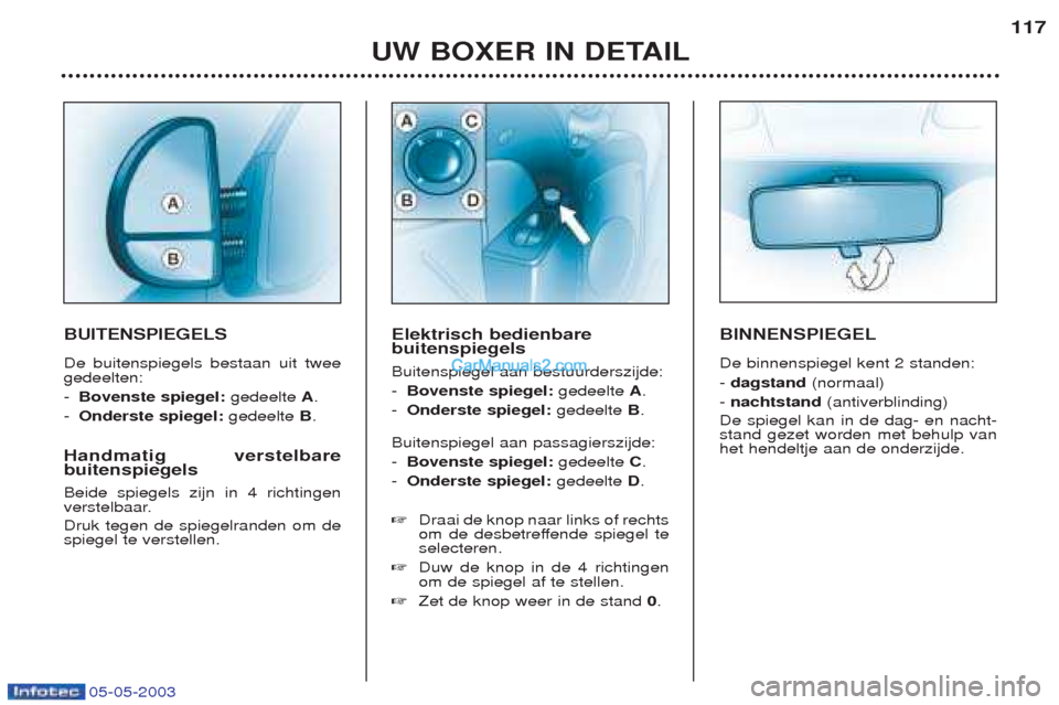 Peugeot Boxer 2003  Handleiding (in Dutch) 05-05-2003
UW BOXER IN DETAIL117
BUITENSPIEGELS De buitenspiegels bestaan uit twee gedeelten: -
Bovenste spiegel: gedeelte A.
- Onderste spiegel: gedeelte B.
Handmatig verstelbare buitenspiegels Beide