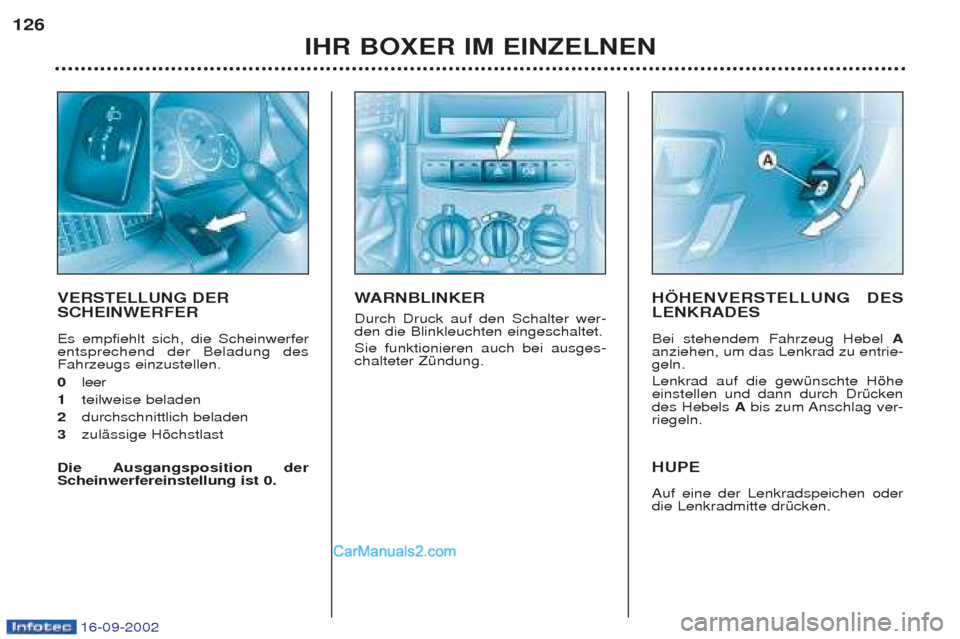 Peugeot Boxer 2002.5  Betriebsanleitung (in German) 16-09-2002
IHR BOXER IM EINZELNEN
126
VERSTELLUNG DER SCHEINWERFER  Es empfiehlt sich, die Scheinwerfer entsprechend der Beladung desFahrzeugs einzustellen.  0 
leer
1 teilweise beladen
2 durchschnitt