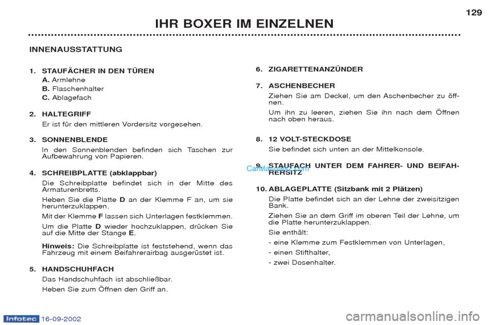 Peugeot Boxer 2002.5 Betriebsanleitung (in German) 16-09-2002
IHR BOXER IM EINZELNEN129
INNENAUSSTATTUNG
1. STAUFÄCHER IN DEN TÜREN A.Armlehne
B. Flaschenhalter
C. Ablagefach
2. HALTEGRIFF Er ist fŸr den mittleren Vordersitz vorgesehen.
3. Peugeot Boxer 2002.5 Betriebsanleitung (in German) 16-09-2002
IHR BOXER IM EINZELNEN129
INNENAUSSTATTUNG
1. STAUFÄCHER IN DEN TÜREN A.Armlehne
B. Flaschenhalter
C. Ablagefach
2. HALTEGRIFF Er ist fŸr den mittleren Vordersitz vorgesehen.
3.