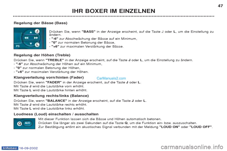 Peugeot Boxer 2002.5 Betriebsanleitung (in German) 16-09-2002
IHR BOXER IM EINZELNEN47
Regelung der Bässe (Bass) DrŸcken Sie, wenn "BASS"in der Anzeige erscheint, auf die Taste J oder L, um die Einstellung zu
Šndern. - "-6" zur AbschwŠchung de Peugeot Boxer 2002.5 Betriebsanleitung (in German) 16-09-2002
IHR BOXER IM EINZELNEN47
Regelung der Bässe (Bass) DrŸcken Sie, wenn "BASS"in der Anzeige erscheint, auf die Taste J oder L, um die Einstellung zu
Šndern. - "-6" zur AbschwŠchung de