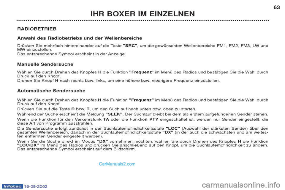 Peugeot Boxer 2002.5 Betriebsanleitung (in German) 16-09-2002
IHR BOXER IM EINZELNEN63
RADIOBETRIEB
Anwahl des Radiobetriebs und der Wellenbereiche
DrŸcken Sie mehrfach hintereinander auf die Taste "SRC", um die gewŸnschten Wellenbereiche FM1, FM2 Peugeot Boxer 2002.5 Betriebsanleitung (in German) 16-09-2002
IHR BOXER IM EINZELNEN63
RADIOBETRIEB
Anwahl des Radiobetriebs und der Wellenbereiche
DrŸcken Sie mehrfach hintereinander auf die Taste "SRC", um die gewŸnschten Wellenbereiche FM1, FM2