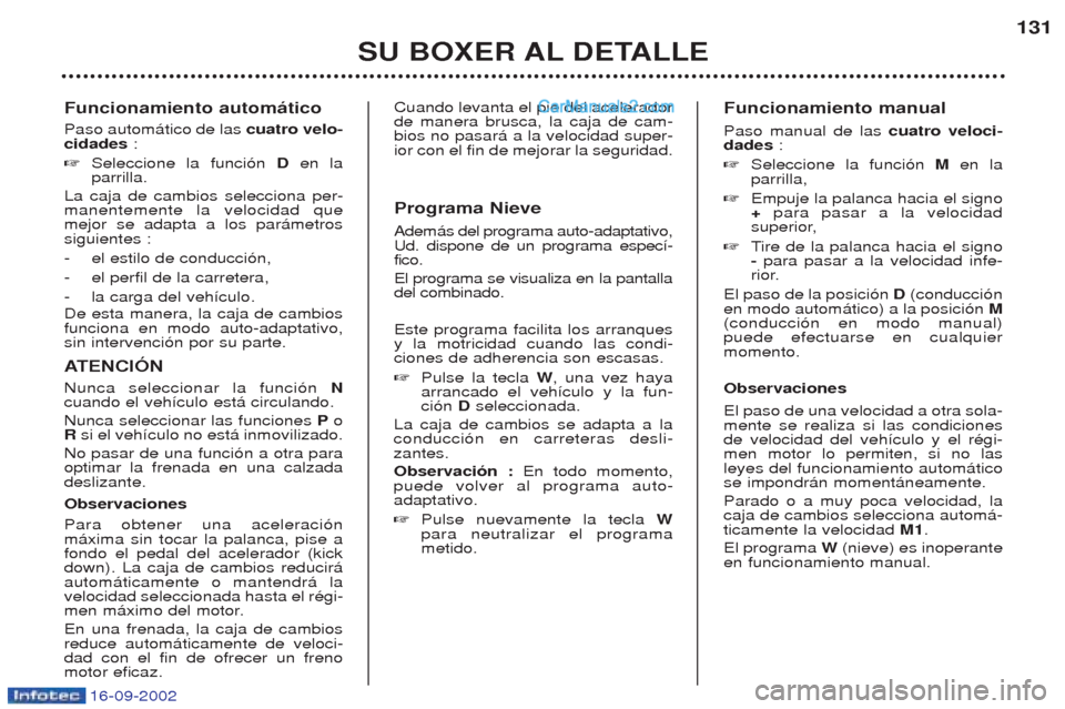 Peugeot Boxer 2002.5 Manual del propietario (in Spanish) 16-09-2002
Funcionamiento automático Paso autom‡tico de las cuatro velo-
cidades :
☞ Seleccione la funci—n Den la
parrilla.
La caja de cambios selecciona per- manentemente la velocidad quemej Peugeot Boxer 2002.5 Manual del propietario (in Spanish) 16-09-2002
Funcionamiento automático Paso autom‡tico de las cuatro velo-
cidades :
☞ Seleccione la funci—n Den la
parrilla.
La caja de cambios selecciona per- manentemente la velocidad quemej