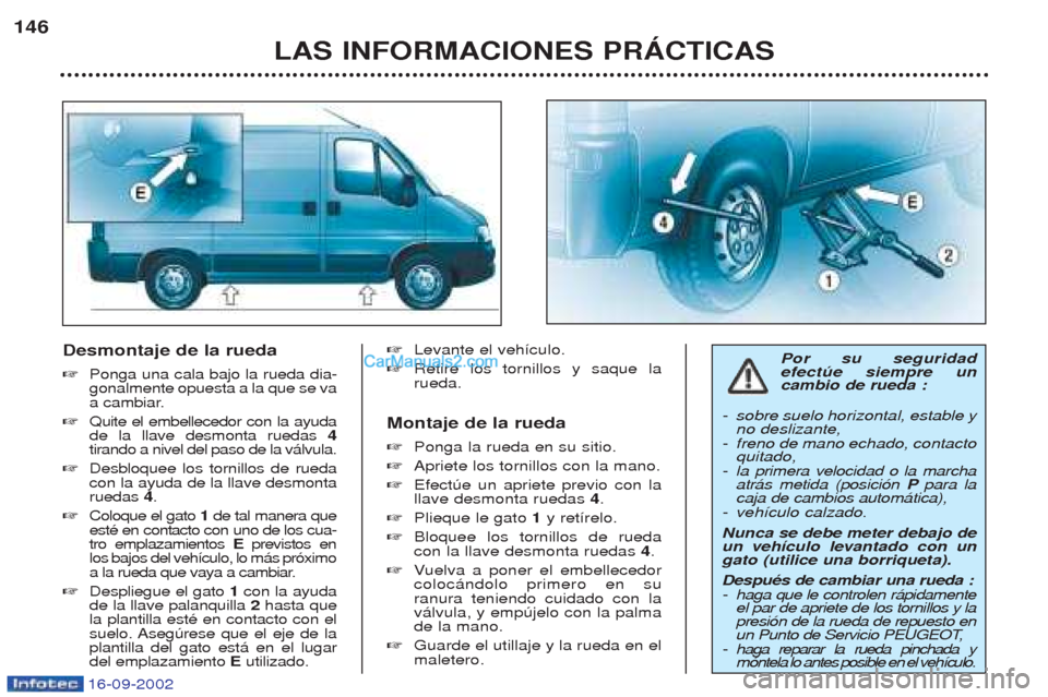 Peugeot Boxer 2002.5 Manual del propietario (in Spanish) 16-09-2002
Desmontaje de la rueda ☞Ponga una cala bajo la rueda dia- gonalmente opuesta a la que se va
a cambiar.
☞ Quite el embellecedor con la ayudade la llave desmonta ruedas 4
tirando a nivel Peugeot Boxer 2002.5 Manual del propietario (in Spanish) 16-09-2002
Desmontaje de la rueda ☞Ponga una cala bajo la rueda dia- gonalmente opuesta a la que se va
a cambiar.
☞ Quite el embellecedor con la ayudade la llave desmonta ruedas 4
tirando a nivel