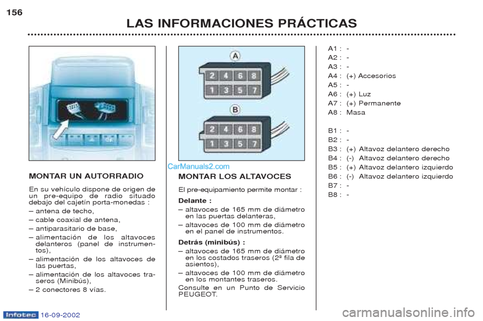 Peugeot Boxer 2002.5 Manual del propietario (in Spanish) 16-09-2002
LAS INFORMACIONES PRÁCTICAS
156
MONTAR UN AUTORRADIO En su veh’culo dispone de origen de un pre-equipo de radio situadodebajo del cajet’n porta-monedas : Ð
antena de techo,
Ð cable c Peugeot Boxer 2002.5 Manual del propietario (in Spanish) 16-09-2002
LAS INFORMACIONES PRÁCTICAS
156
MONTAR UN AUTORRADIO En su veh’culo dispone de origen de un pre-equipo de radio situadodebajo del cajet’n porta-monedas : Ð
antena de techo,
Ð cable c