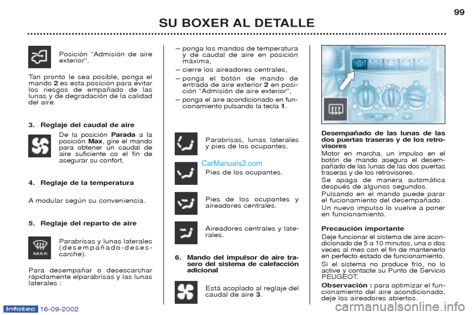 Peugeot Boxer 2002.5 Manual del propietario (in Spanish) 16-09-2002
SU BOXER AL DETALLE99
Parabrisas, lunas laterales y pies de los ocupantes. Pies de los ocupantes. Pies de los ocupantes y aireadores centrales. Aireadores centrales y late- rales.
6. Mando Peugeot Boxer 2002.5 Manual del propietario (in Spanish) 16-09-2002
SU BOXER AL DETALLE99
Parabrisas, lunas laterales y pies de los ocupantes. Pies de los ocupantes. Pies de los ocupantes y aireadores centrales. Aireadores centrales y late- rales.
6. Mando