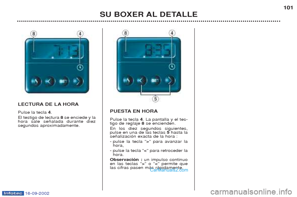 Peugeot Boxer 2002.5  Manual del propietario (in Spanish) 16-09-2002
SU BOXER AL DETALLE101
LECTURA DE LA HORA Pulse la tecla 
4.
El testigo de lectura  8 se enciede y la
hora sale se–alada durante diez segundos aproximadamente. PUESTA EN HORA Pulse la tec