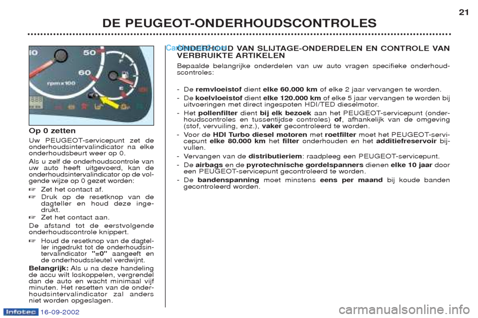 Peugeot Boxer 2002.5 Handleiding (in Dutch) 16-09-2002
Op 0 zetten
Uw PEUGEOT-servicepunt zet de onderhoudsintervalindicator na elkeonderhoudsbeurt weer op 0. Als u zelf de onderhoudscontrole van uw auto heeft uitgevoerd, kan deonderhoudsinter Peugeot Boxer 2002.5 Handleiding (in Dutch) 16-09-2002
Op 0 zetten
Uw PEUGEOT-servicepunt zet de onderhoudsintervalindicator na elkeonderhoudsbeurt weer op 0. Als u zelf de onderhoudscontrole van uw auto heeft uitgevoerd, kan deonderhoudsinter