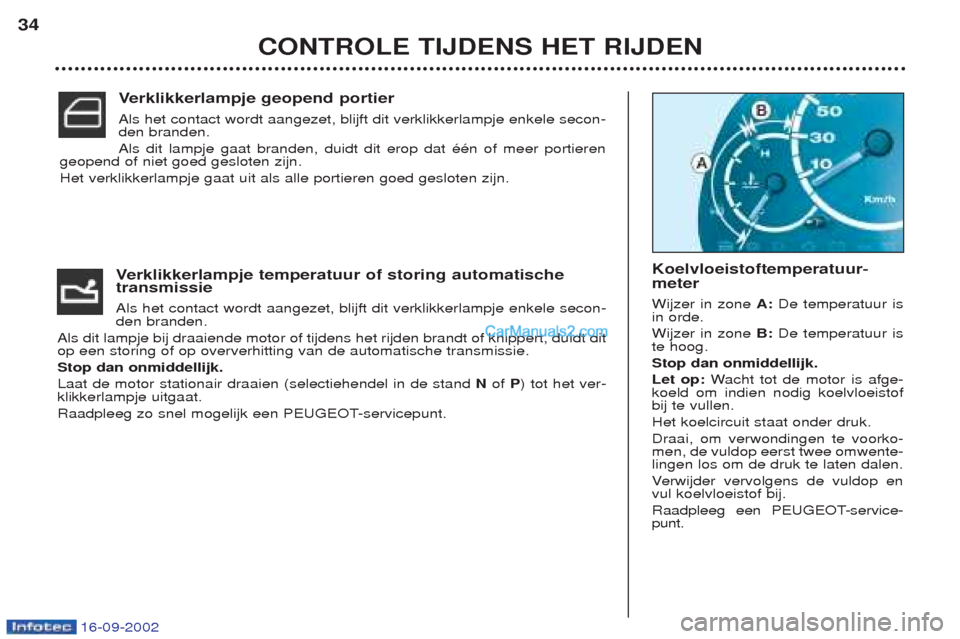 Peugeot Boxer 2002.5 Handleiding (in Dutch) 16-09-2002
Verklikkerlampje temperatuur of storing automatische
transmissie Als het contact wordt aangezet, blijft dit verklikkerlampje enkele secon- den branden.
Als dit lampje bij draaiende motor of Peugeot Boxer 2002.5 Handleiding (in Dutch) 16-09-2002
Verklikkerlampje temperatuur of storing automatische
transmissie Als het contact wordt aangezet, blijft dit verklikkerlampje enkele secon- den branden.
Als dit lampje bij draaiende motor of