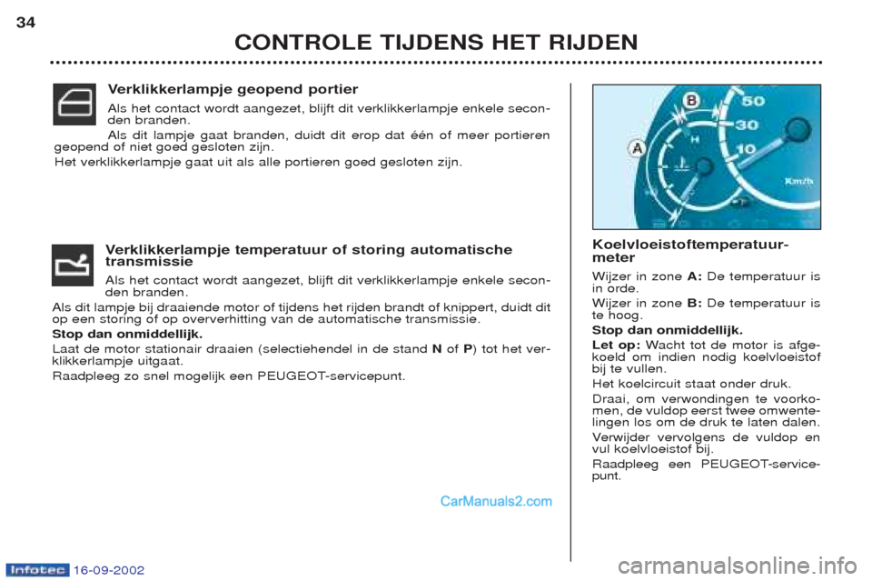 Peugeot Boxer 2002.5 Handleiding (in Dutch) 16-09-2002
Verklikkerlampje temperatuur of storing automatische
transmissie Als het contact wordt aangezet, blijft dit verklikkerlampje enkele secon- den branden.
Als dit lampje bij draaiende motor of Peugeot Boxer 2002.5 Handleiding (in Dutch) 16-09-2002
Verklikkerlampje temperatuur of storing automatische
transmissie Als het contact wordt aangezet, blijft dit verklikkerlampje enkele secon- den branden.
Als dit lampje bij draaiende motor of