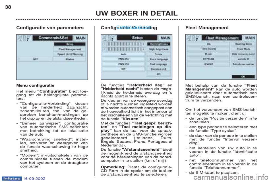 Peugeot Boxer 2002.5 Handleiding (in Dutch) 16-09-2002
Configuratie van parameters Menu configuratie Het menu "Configuratie" biedt toe-
gang tot de belangrijkste parame- ters: - "Configuratie-Verbinding": kiezen van de helderheid dag/nacht,sche Peugeot Boxer 2002.5 Handleiding (in Dutch) 16-09-2002
Configuratie van parameters Menu configuratie Het menu "Configuratie" biedt toe-
gang tot de belangrijkste parame- ters: - "Configuratie-Verbinding": kiezen van de helderheid dag/nacht,sche