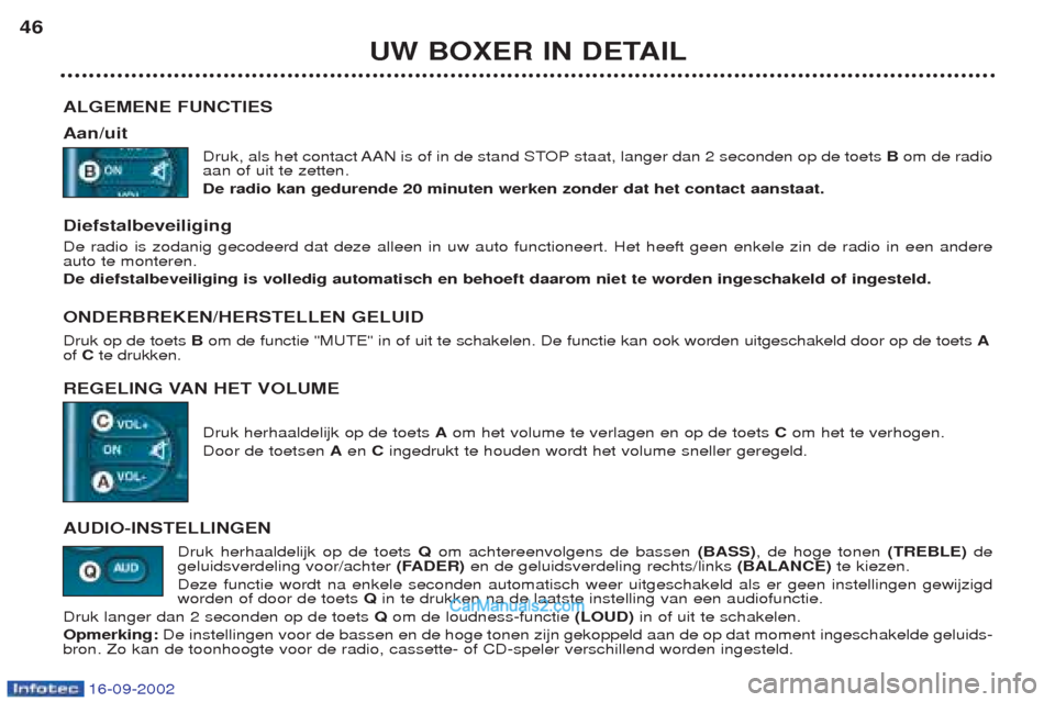 Peugeot Boxer 2002.5 Handleiding (in Dutch) 16-09-2002
UW BOXER IN DETAIL
46
ALGEMENE FUNCTIES Aan/uit Druk, als het contact AAN is of in de stand STOP staat, langer dan 2 seconden op de toets Bom de radio
aan of uit te zetten. De radio kan ge Peugeot Boxer 2002.5 Handleiding (in Dutch) 16-09-2002
UW BOXER IN DETAIL
46
ALGEMENE FUNCTIES Aan/uit Druk, als het contact AAN is of in de stand STOP staat, langer dan 2 seconden op de toets Bom de radio
aan of uit te zetten. De radio kan ge