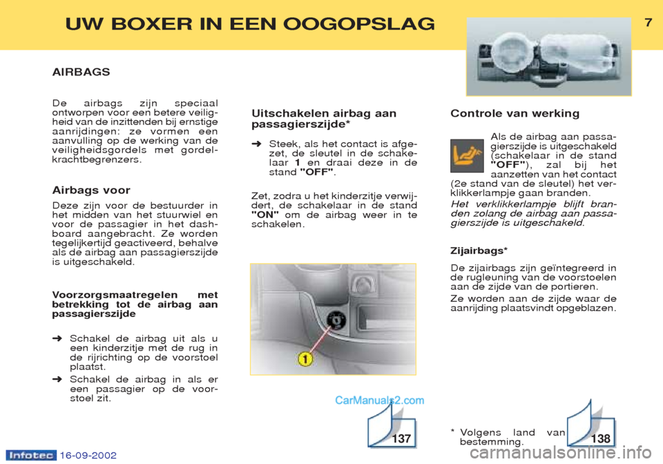 Peugeot Boxer 2002.5 Handleiding (in Dutch) 16-09-2002
Controle van werkingAls de airbag aan passa- gierszijde is uitgeschakeld(schakelaar in de stand"OFF"), zal bij het
aanzetten van het contact
(2e stand van de sleutel) het ver-klikkerlampje Peugeot Boxer 2002.5 Handleiding (in Dutch) 16-09-2002
Controle van werkingAls de airbag aan passa- gierszijde is uitgeschakeld(schakelaar in de stand"OFF"), zal bij het
aanzetten van het contact
(2e stand van de sleutel) het ver-klikkerlampje