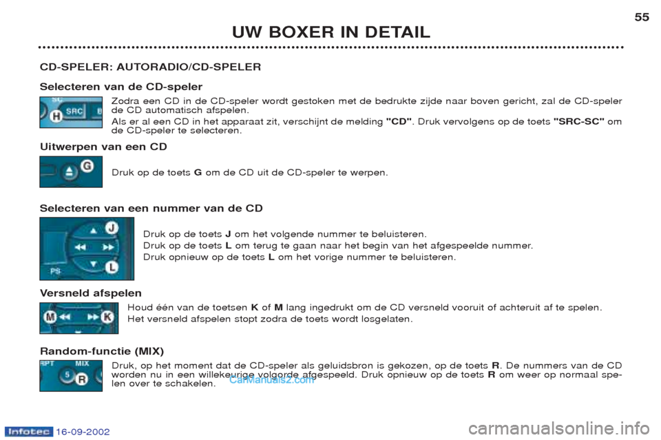 Peugeot Boxer 2002.5 Handleiding (in Dutch) 16-09-2002
UW BOXER IN DETAIL55
CD-SPELER: AUTORADIO/CD-SPELER Selecteren van de CD-speler Zodra een CD in de CD-speler wordt gestoken met de bedrukte zijde naar boven gericht, zal de CD-speler de CD Peugeot Boxer 2002.5 Handleiding (in Dutch) 16-09-2002
UW BOXER IN DETAIL55
CD-SPELER: AUTORADIO/CD-SPELER Selecteren van de CD-speler Zodra een CD in de CD-speler wordt gestoken met de bedrukte zijde naar boven gericht, zal de CD-speler de CD
