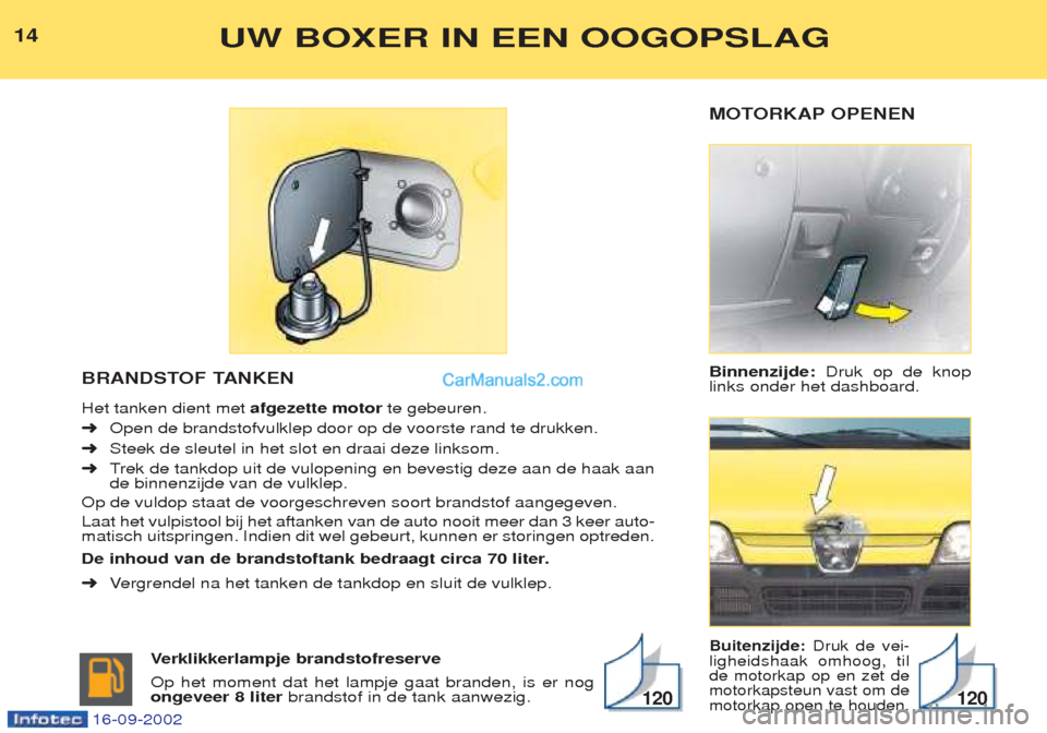 Peugeot Boxer 2002.5 Handleiding (in Dutch) MOTORKAP OPENEN Binnenzijde:Druk op de knop
links onder het dashboard.
Buitenzijde: Druk de vei-
ligheidshaak omhoog, til de motorkap op en zet demotorkapsteun vast om demotorkap open te houden.
BRAND Peugeot Boxer 2002.5 Handleiding (in Dutch) MOTORKAP OPENEN Binnenzijde:Druk op de knop
links onder het dashboard.
Buitenzijde: Druk de vei-
ligheidshaak omhoog, til de motorkap op en zet demotorkapsteun vast om demotorkap open te houden.
BRAND