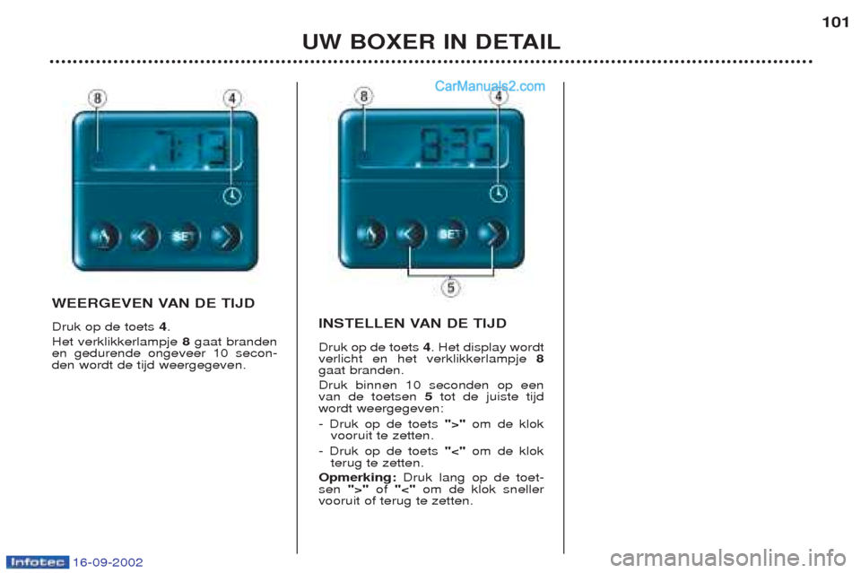 Peugeot Boxer 2002.5  Handleiding (in Dutch) 16-09-2002
UW BOXER IN DETAIL101
WEERGEVEN VAN DE TIJD Druk op de toets 
4.
Het verklikkerlampje  8gaat branden
en gedurende ongeveer 10 secon- den wordt de tijd weergegeven. INSTELLEN VAN DE TIJD Dru