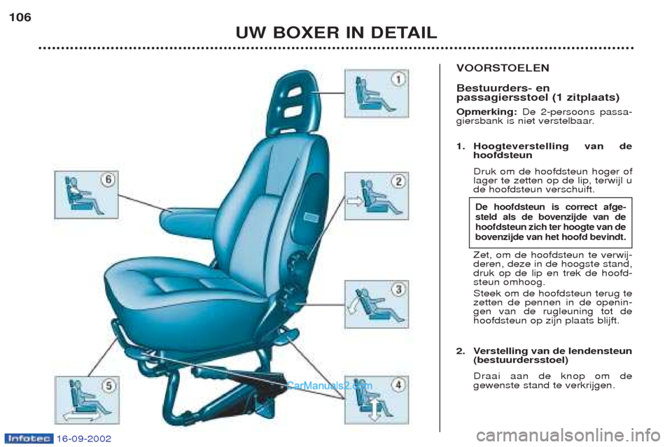 Peugeot Boxer 2002.5  Handleiding (in Dutch) 16-09-2002
VOORSTOELEN Bestuurders- en passagiersstoel (1 zitplaats) Opmerking:De 2-persoons passa-
giersbank is niet verstelbaar. 1. Hoogteverstelling van de hoofdsteun Druk om de hoofdsteun hoger of